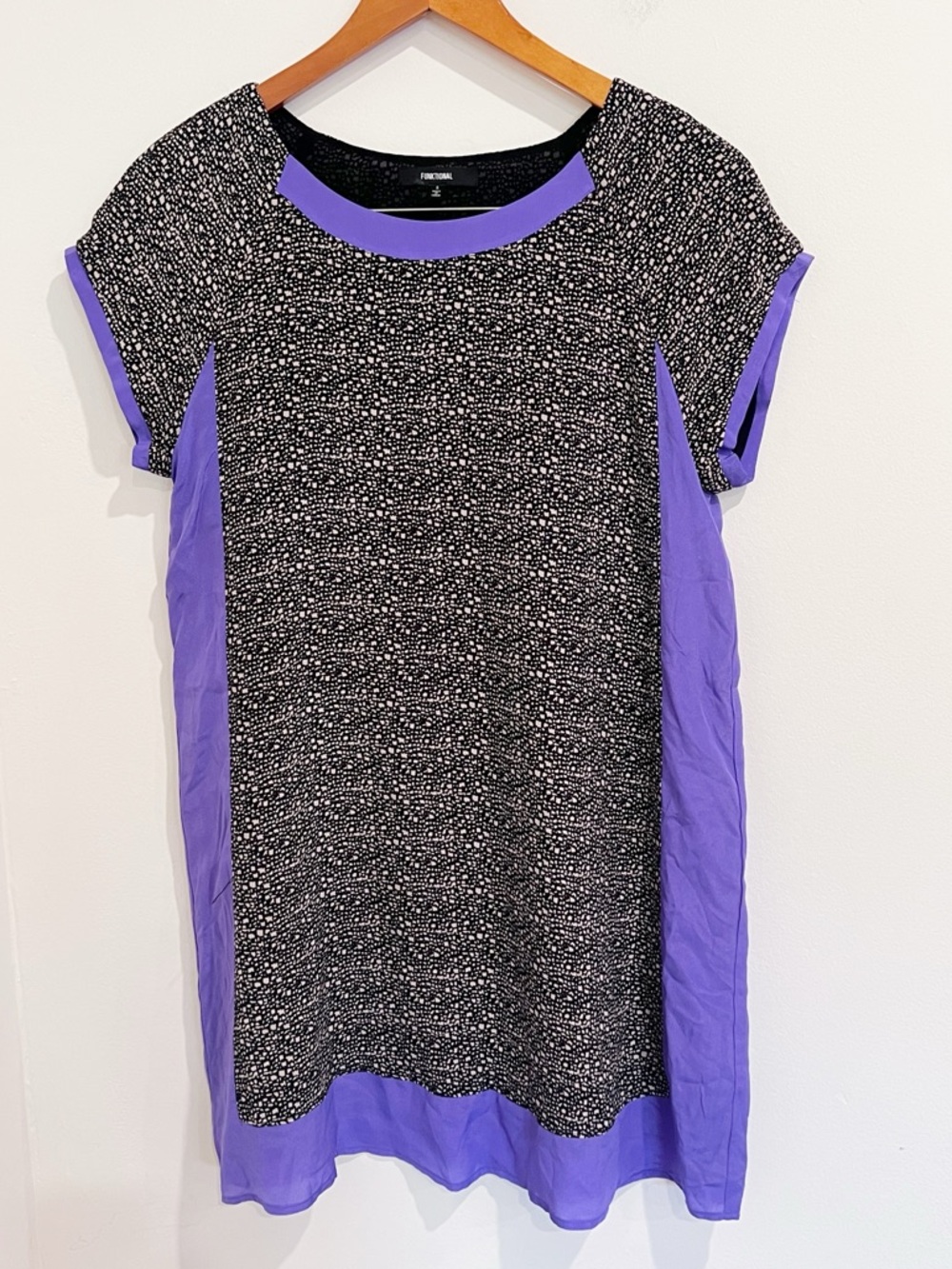 EUC Funktiona Y2K Black & Purple Dotted Panel Short Sleeve Silk Shift Dress